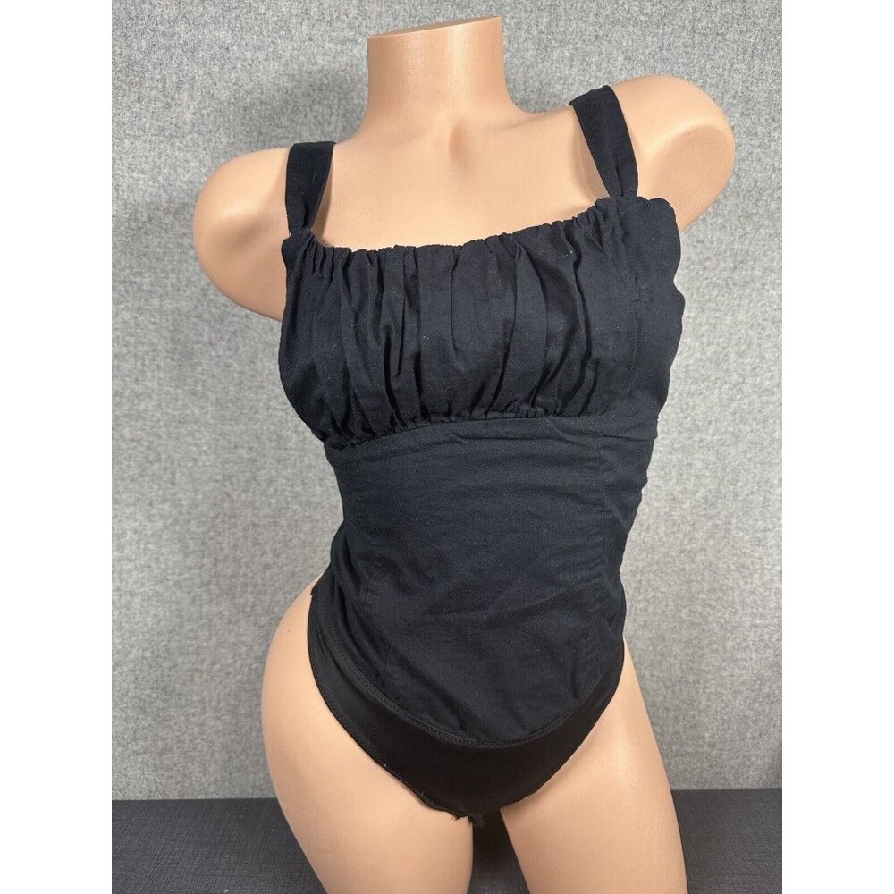 Abercrombie & Fitch XS Bodysuit Black Thong Tank Top Ruched Womens Snap - Picture 2 of 16